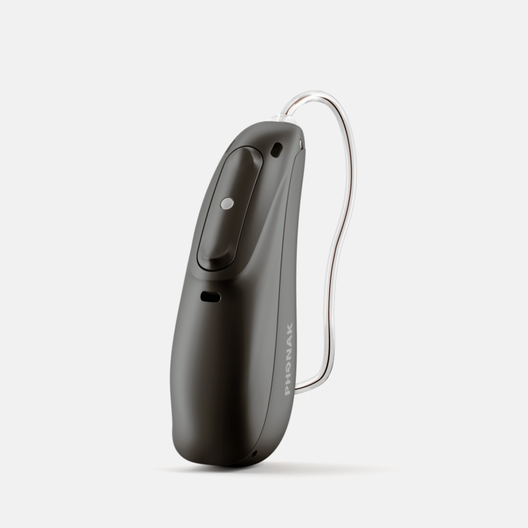 A black Phonak Audéo Lumity hearing aid.