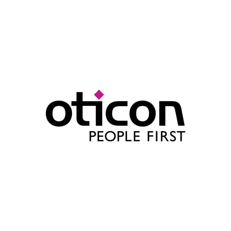 Oticon, the hearing aids' brand, logo and slogan 'People first'.