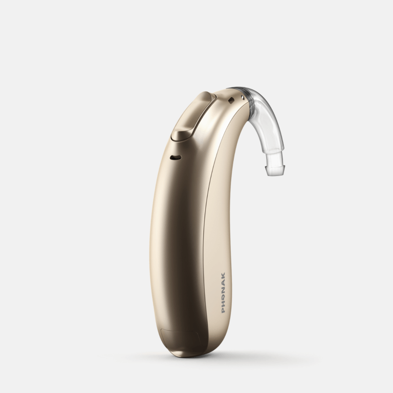 A golden Phonak Naida™ Marvel hearing aid.