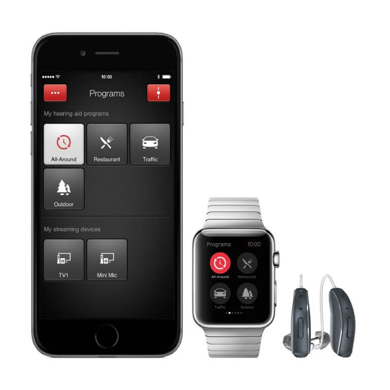 An Iphone and an Apple Watch connected to ReSound hearing aids.