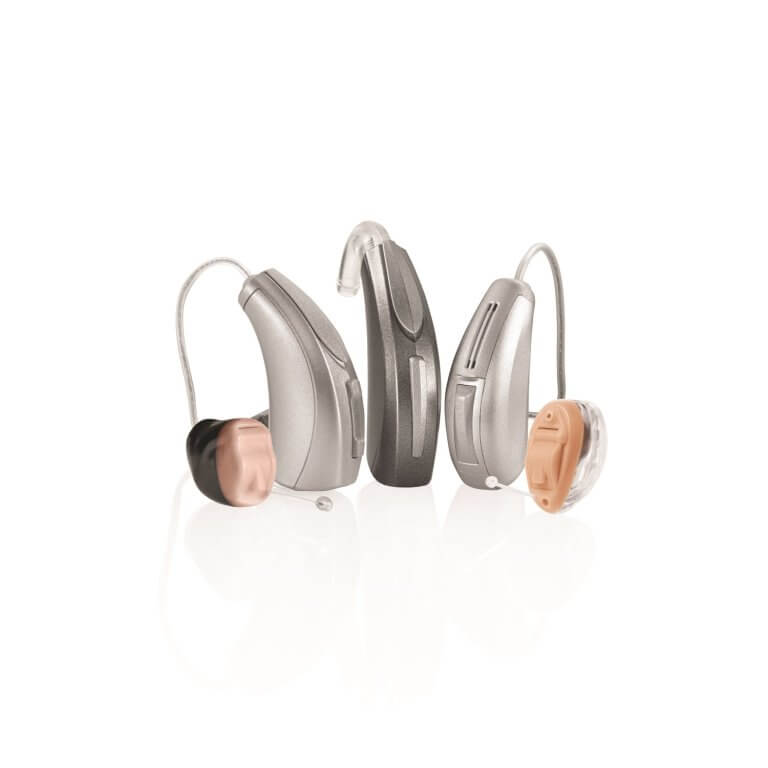 Three different types of Starkey hearing aids.