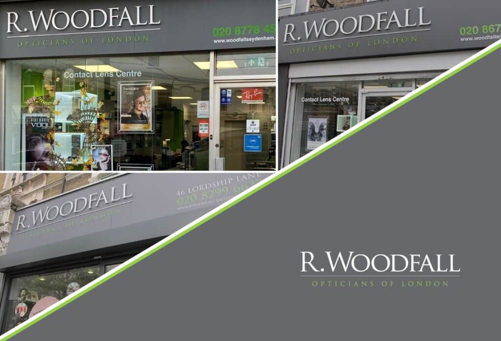 R. Woodfall opticians practices and logo.