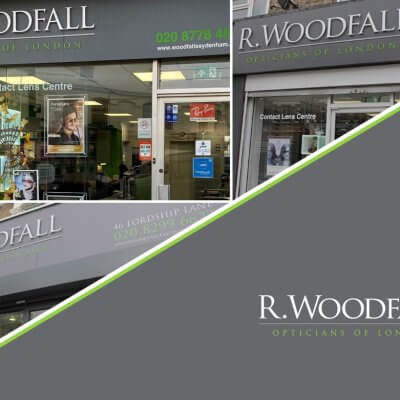 R. Woodfall opticians practices and logo.