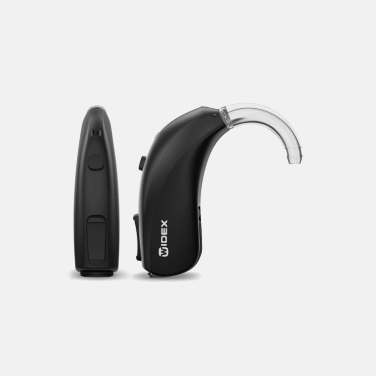 Black hearing aids, Widex brand.