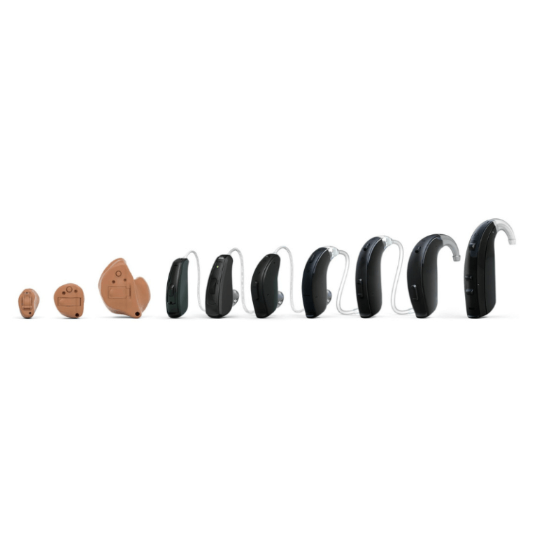 Different types of hearing aids with different colours and size.