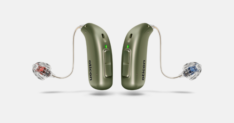 Oticon Real hearing aids, olive colour.