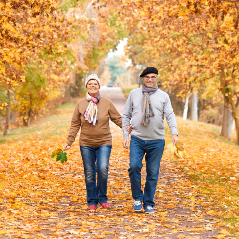 A couple walking on autumnal leaves.