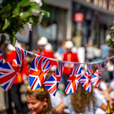 British Union Jack flag garlands in a street.