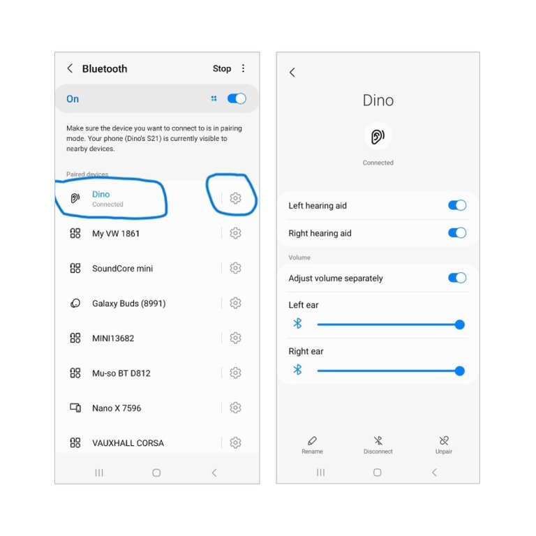 Android phone Bluetooth settings with Dino device adjustments.