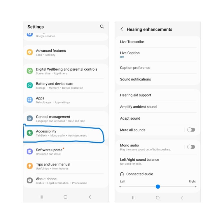 Android phone settings menu with Accessibility adjustments.