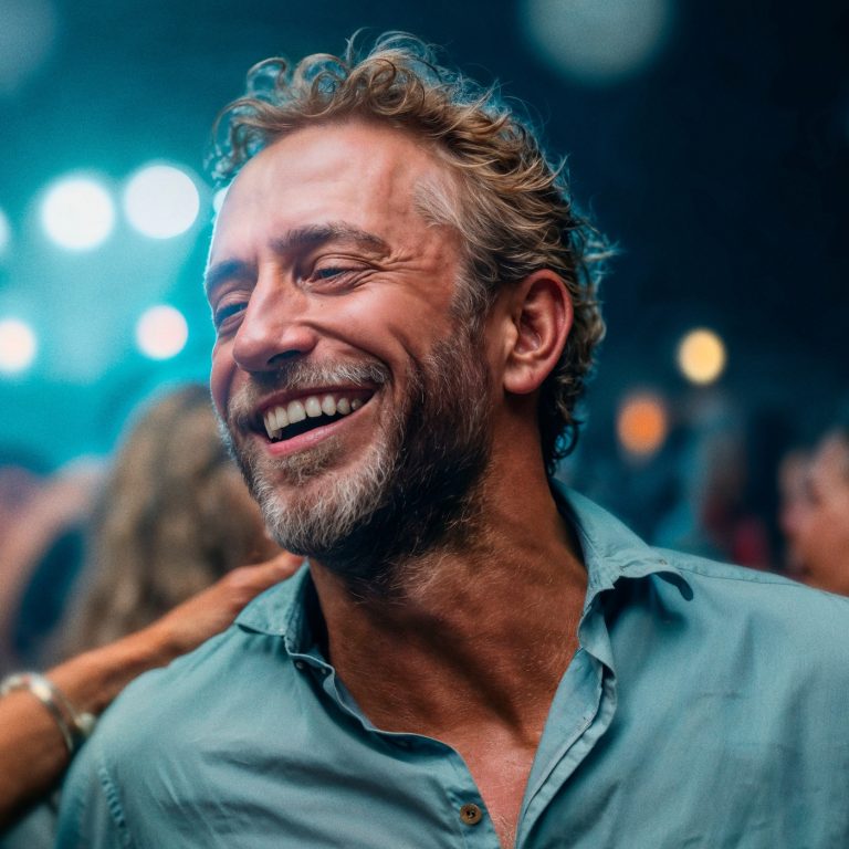 A man wearing Oticon Zeal hearing aids while attending a party.