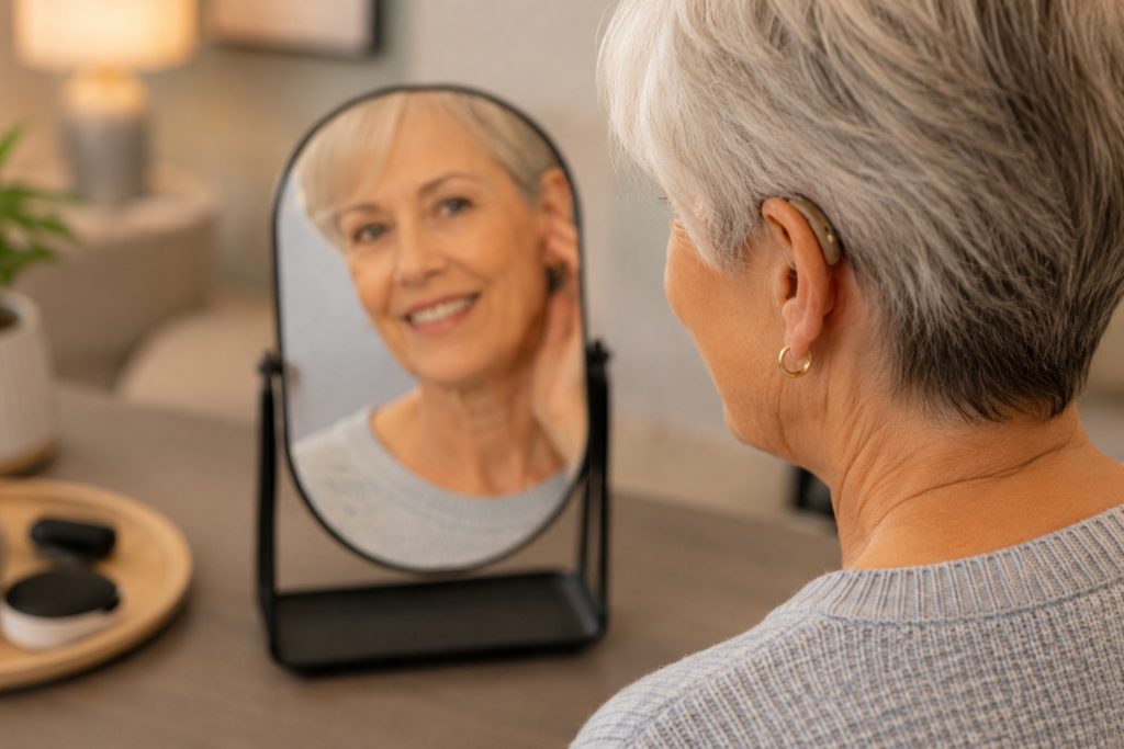 A woman wearing a hearing aid and looking herself in a miror.