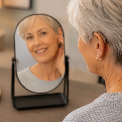 A woman wearing a hearing aid and looking herself in a miror.