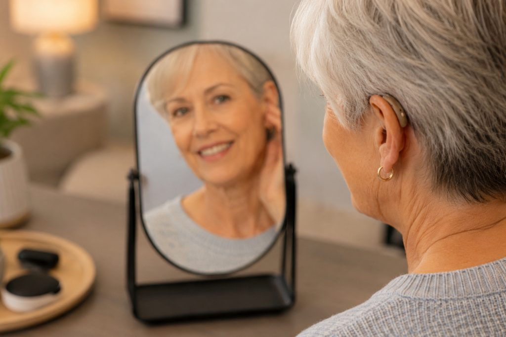 A woman wearing a hearing aid and looking herself in a miror.