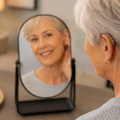 A woman wearing a hearing aid and looking herself in a miror.