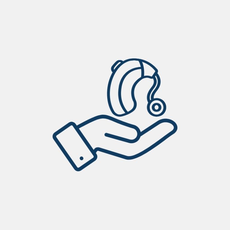 Icon showing a hearing aid over a hand.