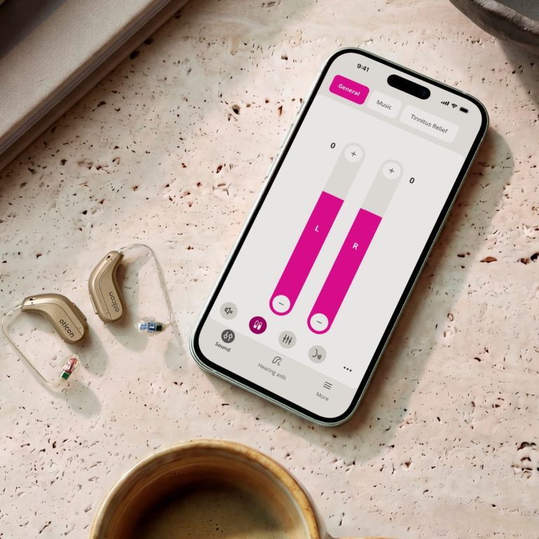 Hearing aid connected to Oticon Companion app.