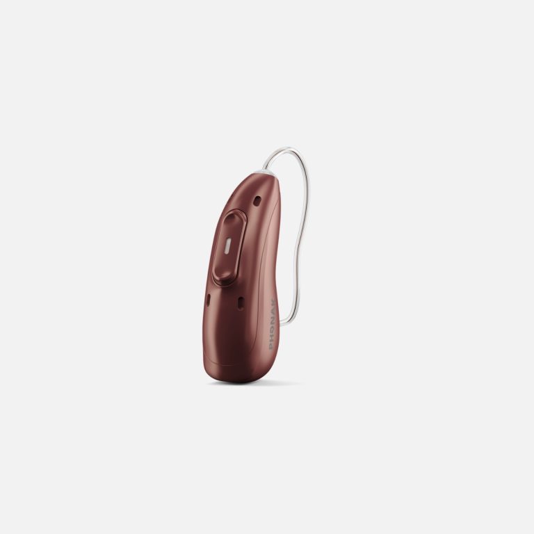 Phonak EON, behind-the-ear hearing aids, sienna red colour.